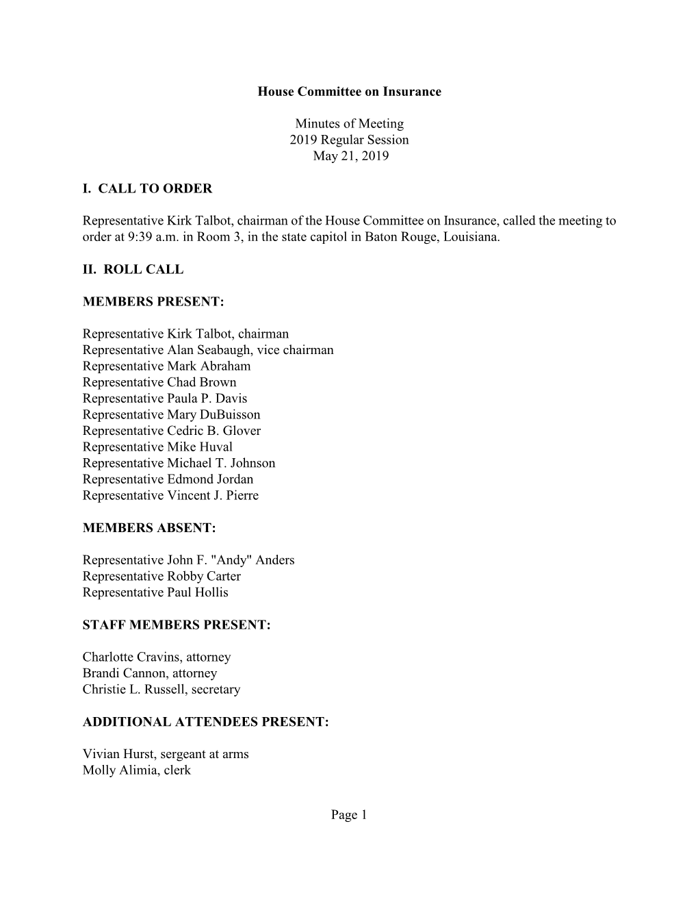 S:\HOUSE LEGIS SERVICES\Committee Docs\2019\Insurance\Minutes\INS MINUTES 052119.Wpd