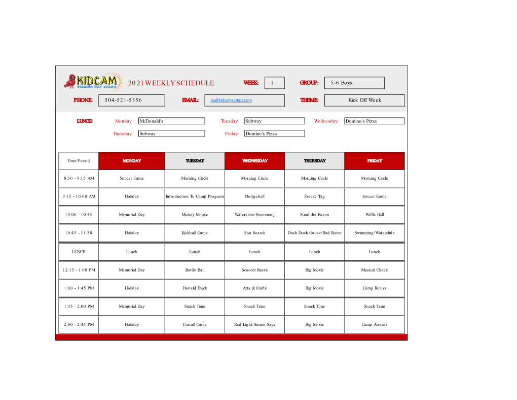 2021 WEEKLY SCHEDULE WEEK: 1 GROUP: 5-6 Boys