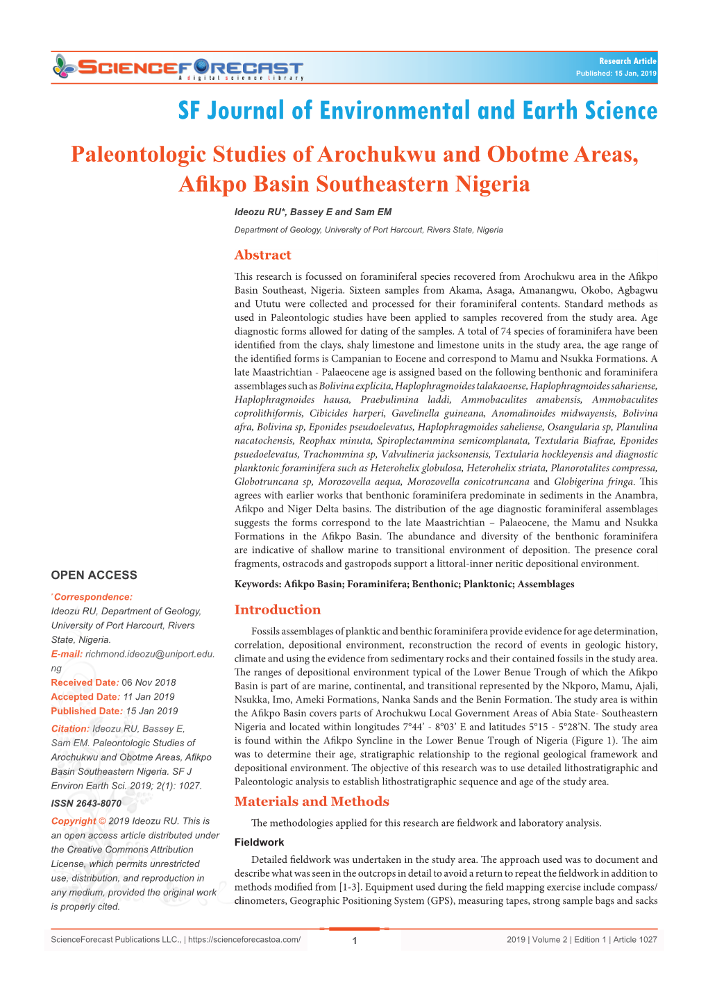 Paleontologic Studies of Arochukwu and Obotme Areas, Afikpo Basin Southeastern Nigeria