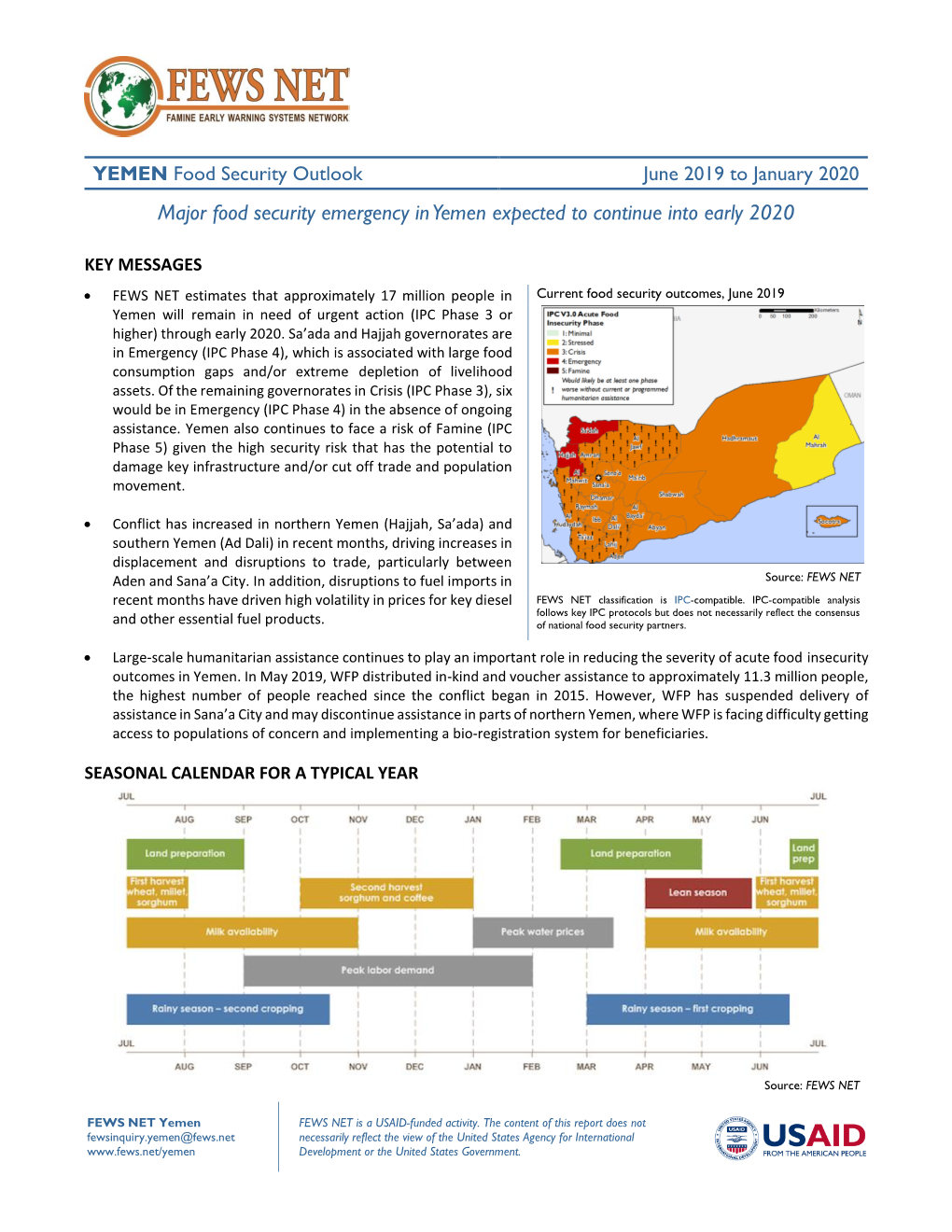 June 2019 to January 2020 Major Food Security Emergency in Yemen Expected to Continue Into Early 2020