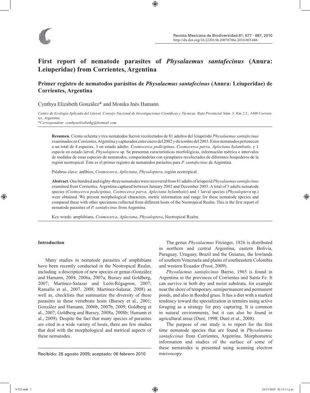 First Report of Nematode Parasites of Physalaemus Santafecinus (Anura: Leiuperidae) from Corrientes, Argentina