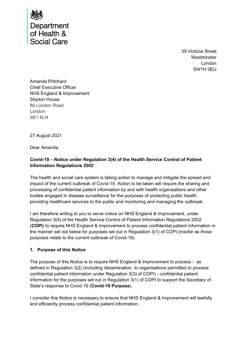 SW1H 0EU Amanda Pritchard Chief Executive Officer NHS England & Improvement Skipton House 80 London Road London SE1 6LH 27 A