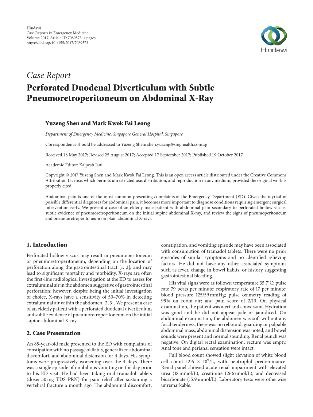 Case Report Perforated Duodenal Diverticulum with Subtle Pneumoretroperitoneum on Abdominal X-Ray