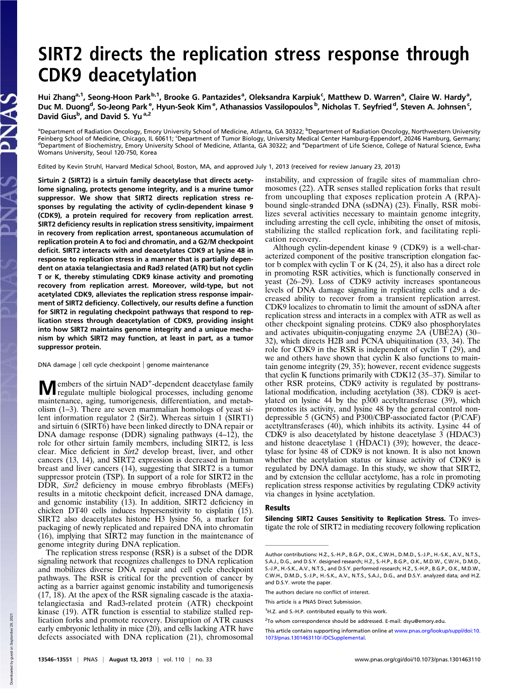 SIRT2 Directs the Replication Stress Response Through CDK9 Deacetylation