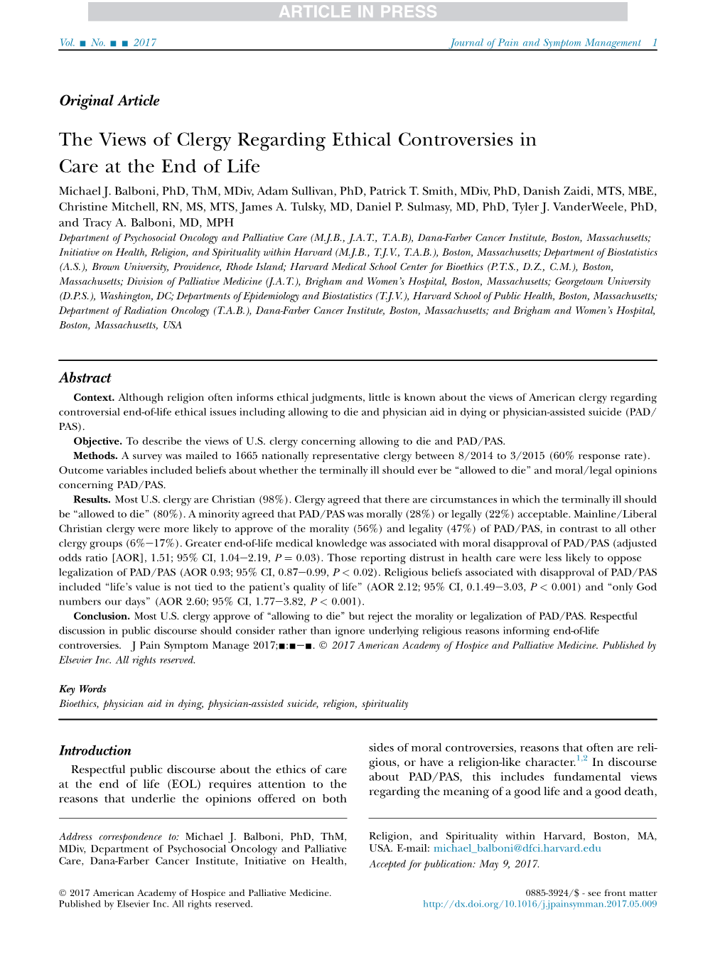 The Views of Clergy Regarding Ethical Controversies in Care at the End of Life Michael J