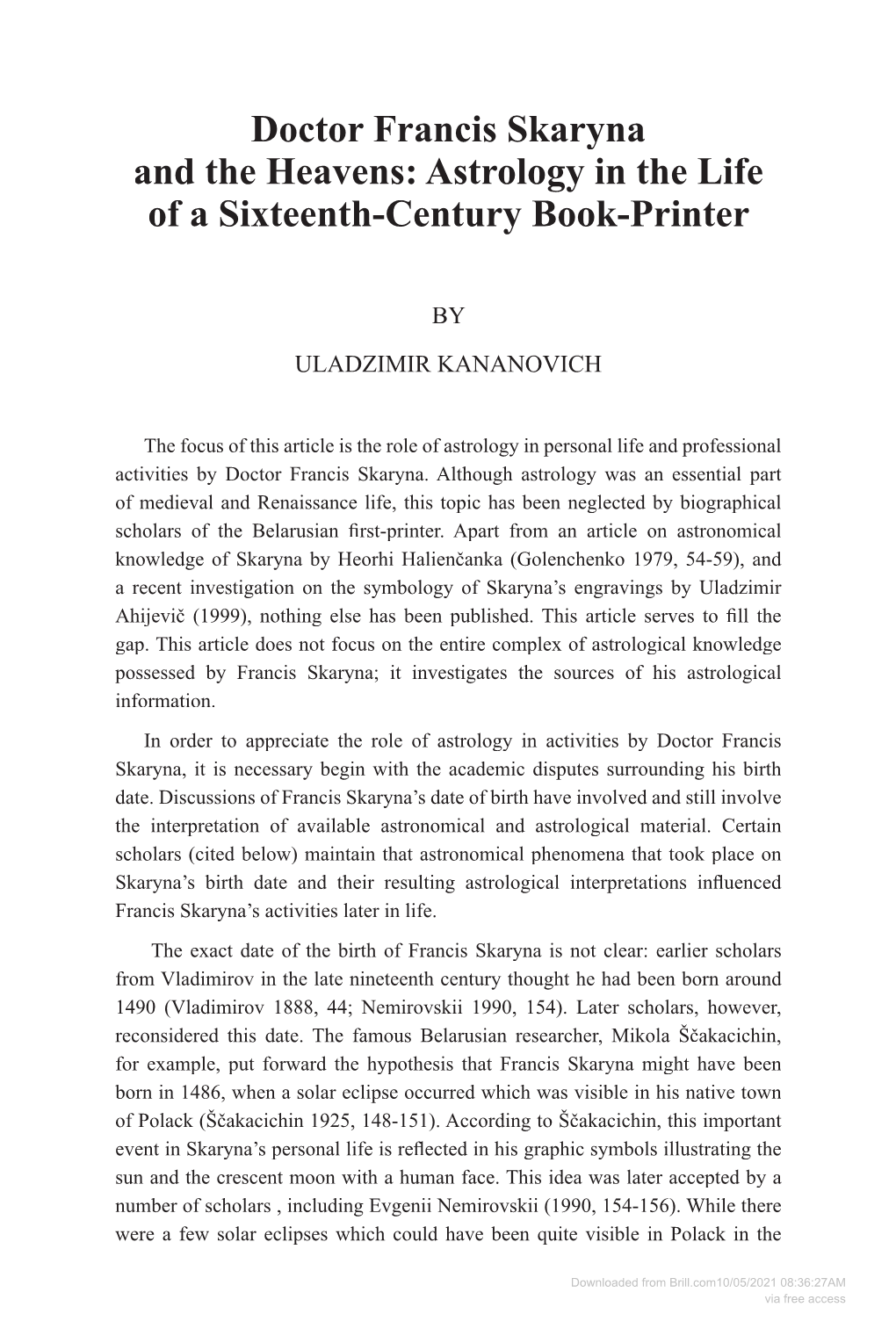 Doctor Francis Skaryna and the Heavens: Astrology in the Life of a Sixteenth-Century Book-Printer