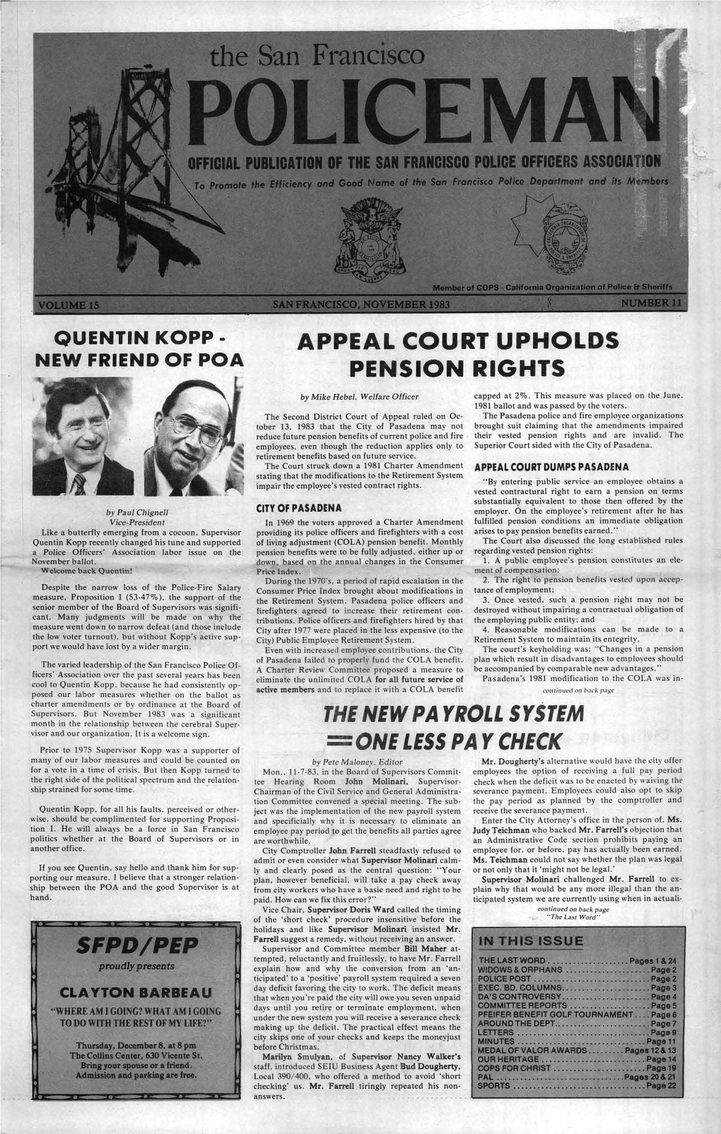 November 1983 Number 11 Quentin Kopp - Appeal Court Upholds New Friend of Poa Pension Rights