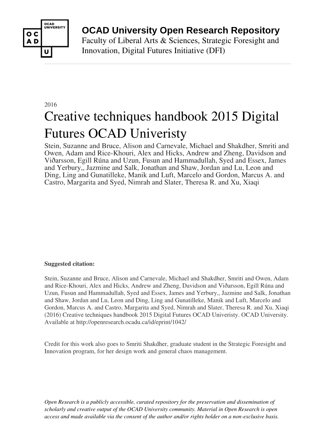 Creative Techniques Handbook 2015 Digital Futures OCAD Univeristy