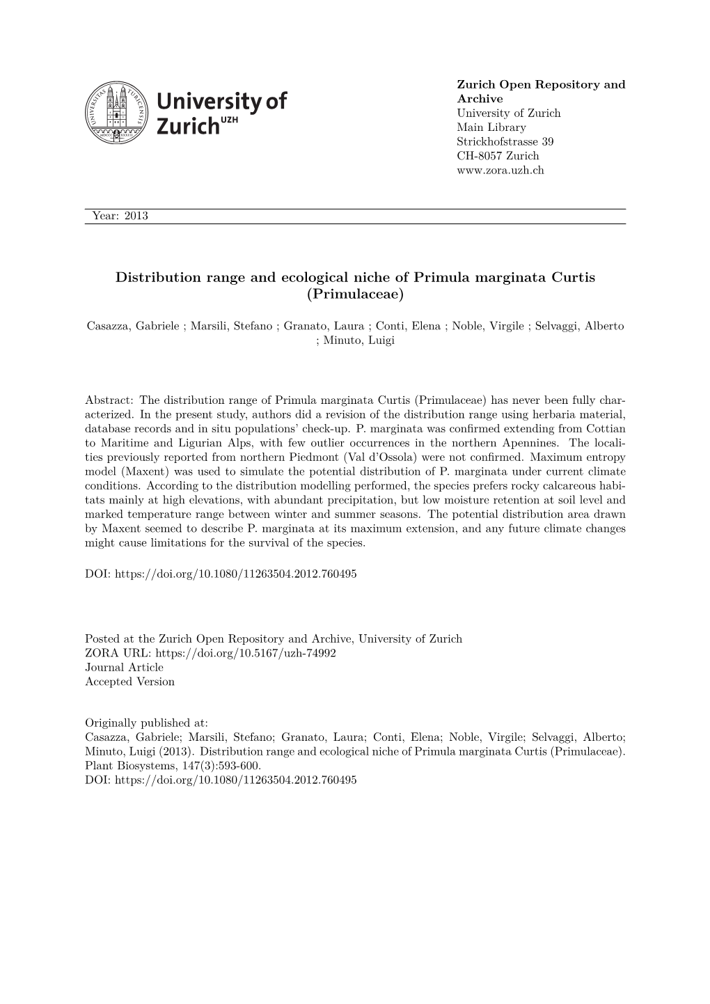 Distribution Range and Ecological Niche of Primula Marginata Curtis (Primulaceae)