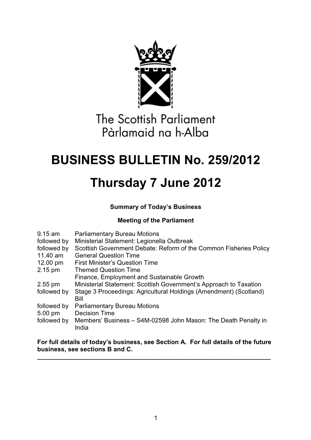 BUSINESS BULLETIN No. 259/2012 Thursday 7 June 2012