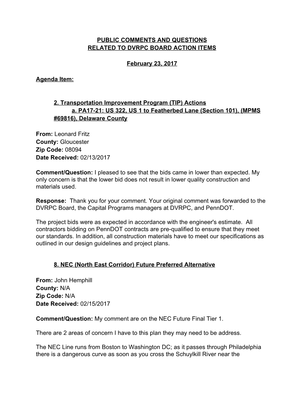 Public Comments and Questions Related to Dvrpc Board Action Items