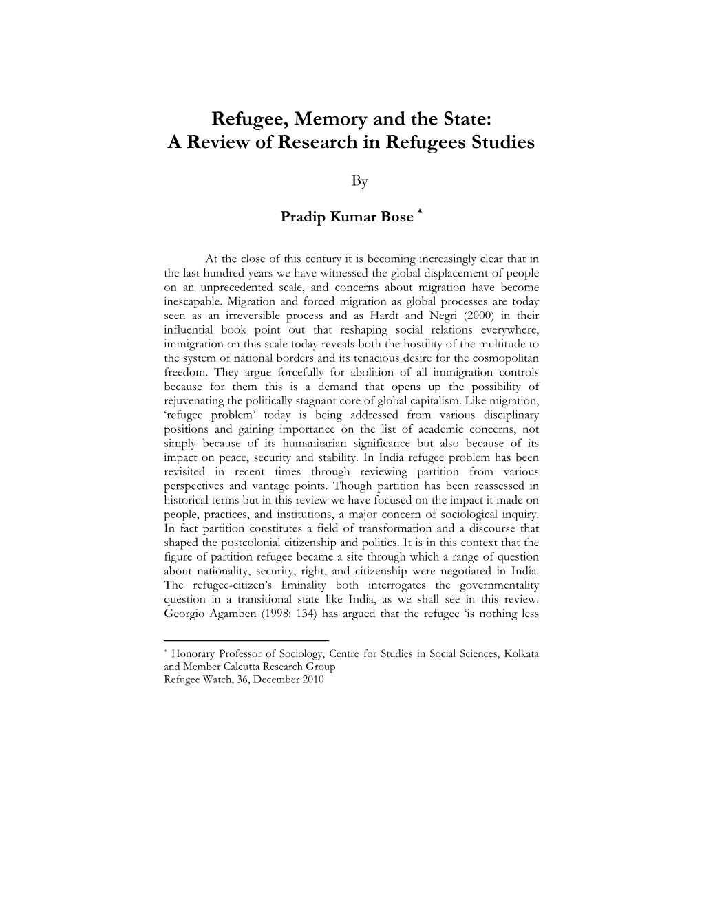 Refugee, Memory and the State: a Review of Research in Refugees Studies