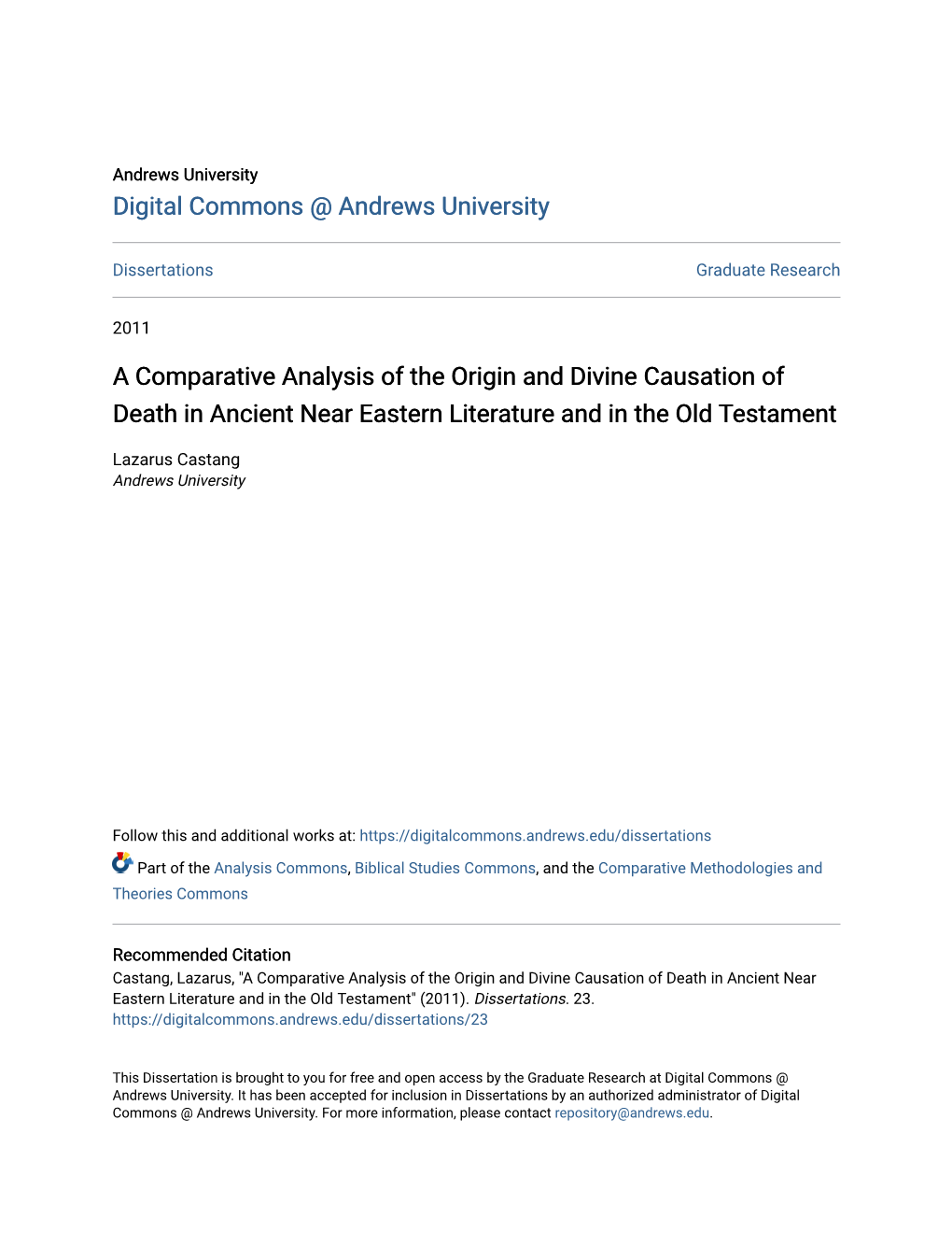 A Comparative Analysis of the Origin and Divine Causation of Death in Ancient Near Eastern Literature and in the Old Testament