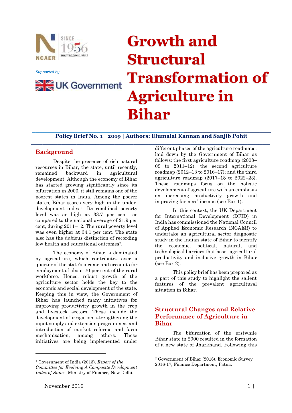 Growth and Structural Transformation of Agriculture in Bihar