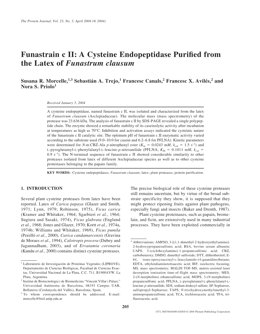 A Cysteine Endopeptidase Purified from the Latex of Funastrum Clausum