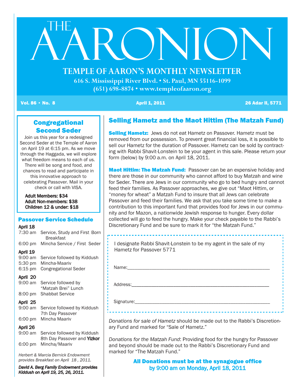 Temple of Aaron's Monthly Newsletter