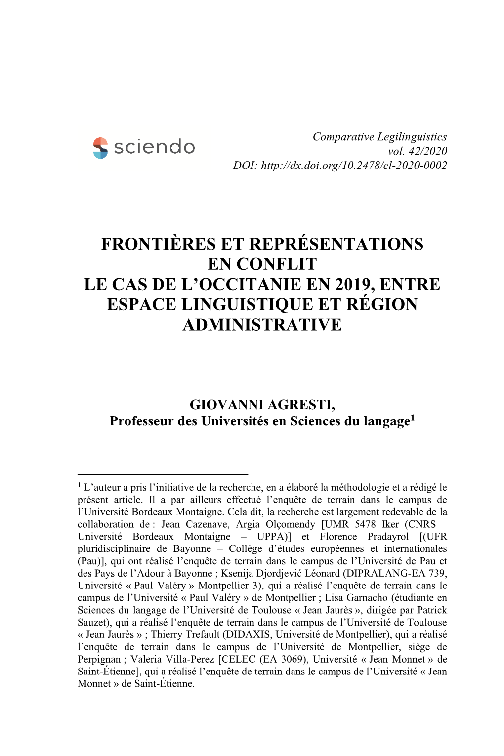 Frontières Et Représentations En Conflit Le Cas De L'occitanie En 2019, Entre Espace Linguistique Et Région Administrative