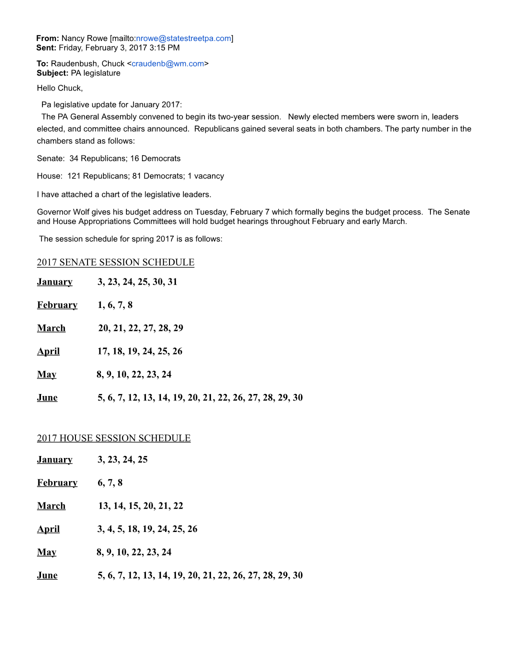 2017 SENATE SESSION SCHEDULE January 3, 23, 24, 25, 30, 31