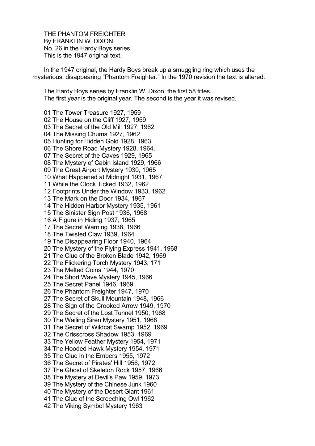 THE PHANTOM FREIGHTER by FRANKLIN W. DIXON No. 26 in the Hardy Boys Series