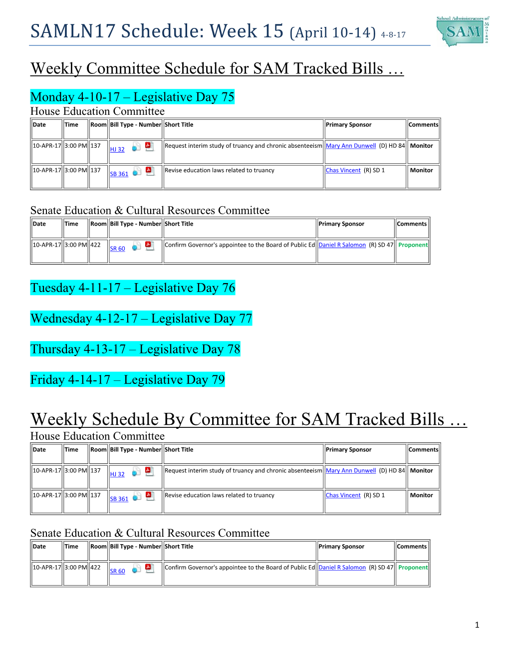 SAMLN17 Schedule: Week 15 (April 10-14) 4-8-17