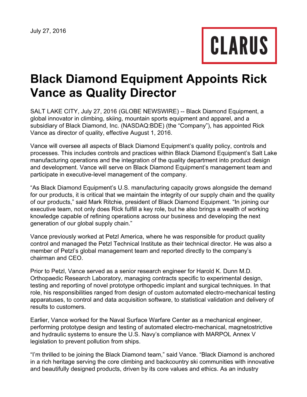 Black Diamond Equipment Appoints Rick Vance As Quality Director