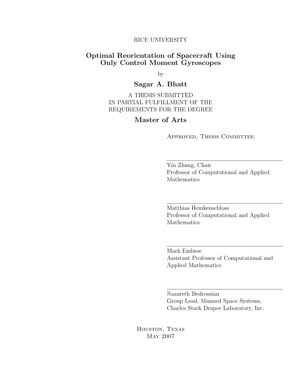 Optimal Reorientation of Spacecraft Using Only Control Moment Gyroscopes by Sagar A