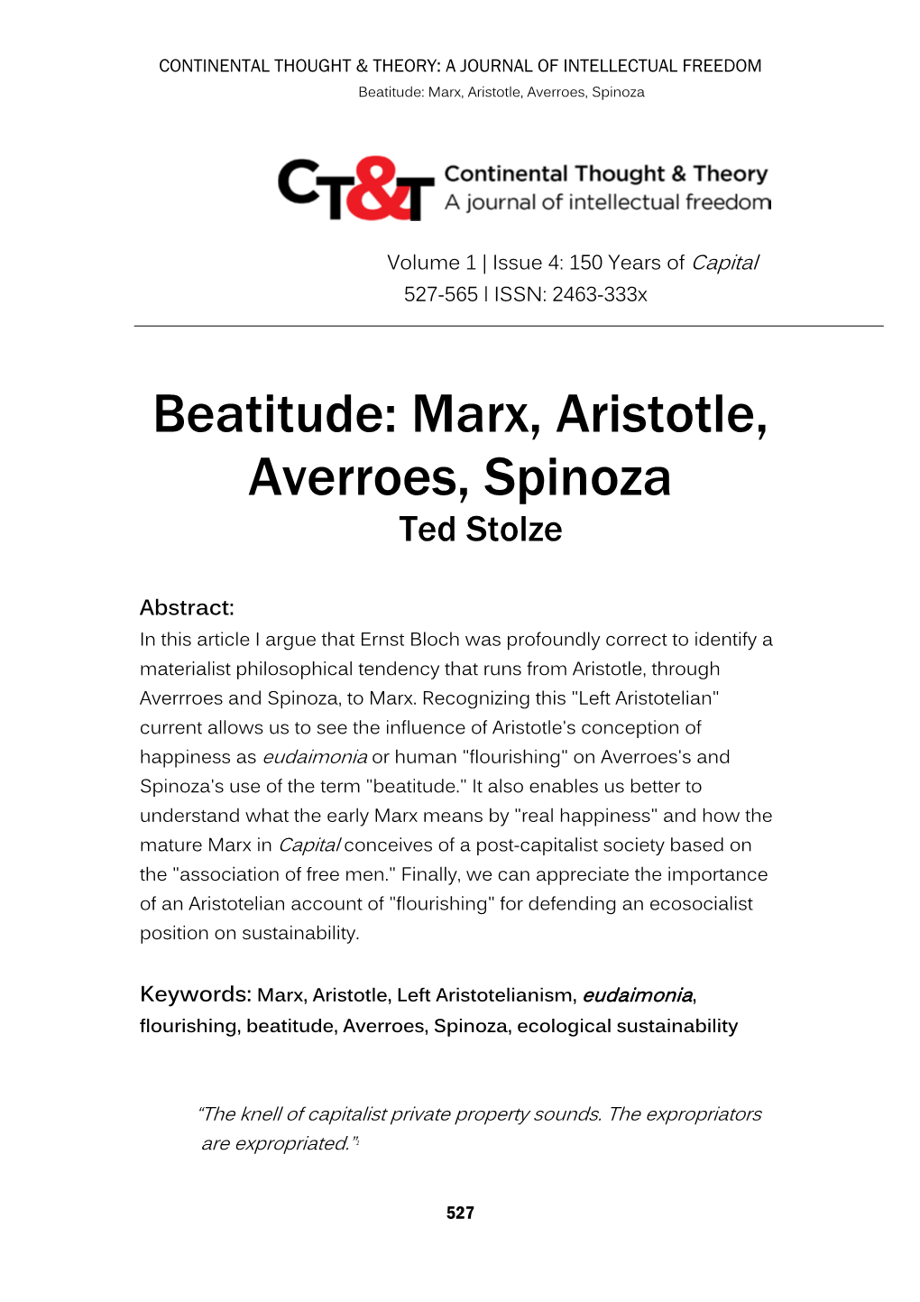 Beatitude: Marx, Aristotle, Averroes, Spinoza