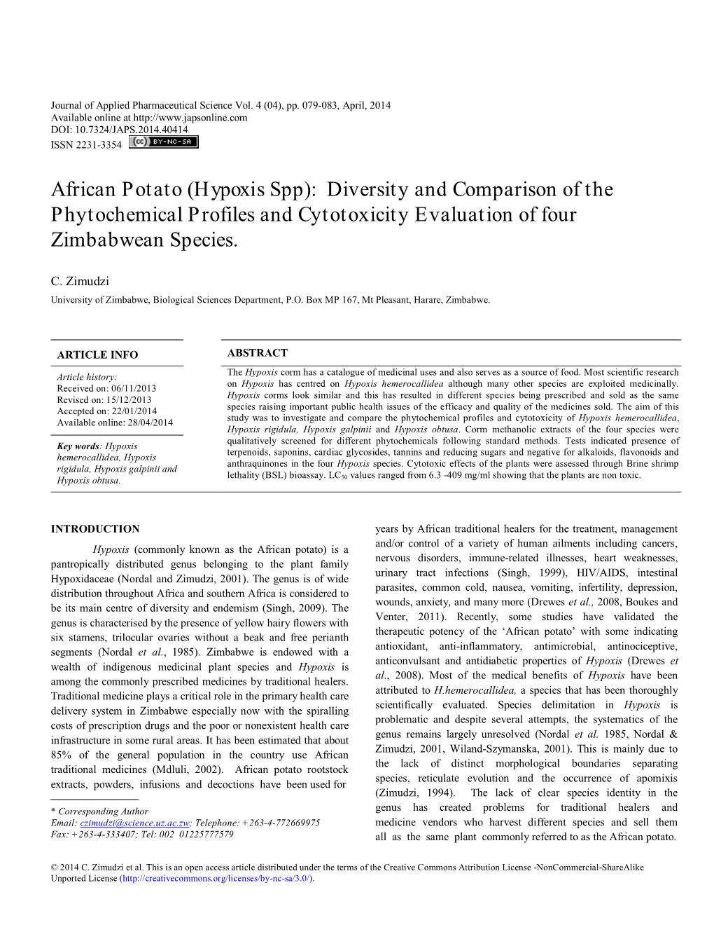 African Potato (Hypoxis Spp): Diversity and Comparison of the Phytochemical Profiles and Cytotoxicity Evaluation of Four Zimbabwean Species