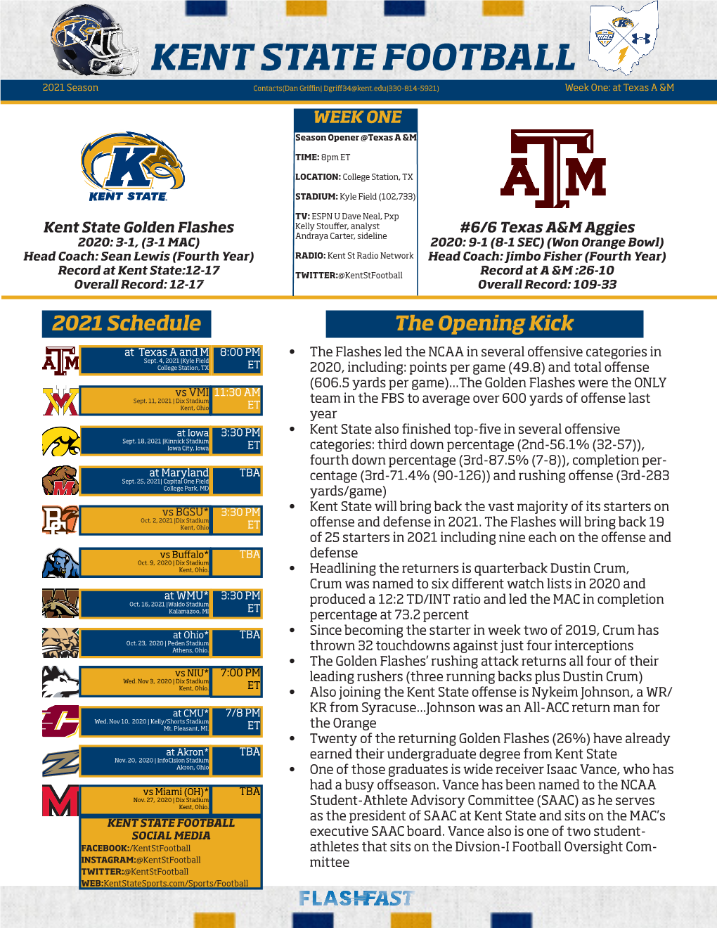 KENT STATE FOOTBALL 2021 Season Contacts(Dan Griffin| Dgriff34@Kent.Edu|330-814-5921) Week One: at Texas a &M WEEK ONE Season Opener @Texas a &M