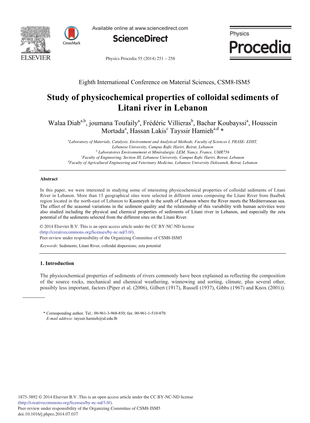 Study of Physicochemical Properties of Colloidal Sediments of Litani River in Lebanon