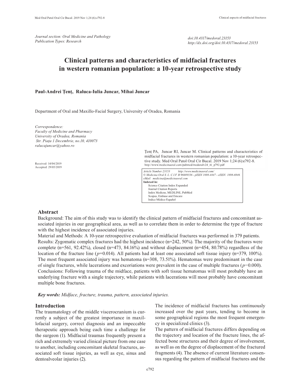 Clinical Patterns and Characteristics of Midfacial Fractures in Western Romanian Population: a 10-Year Retrospective Study