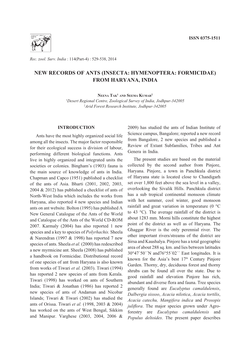 New Records of Ants (Insecta: Hymenoptera: Formicidae) from Haryana, India