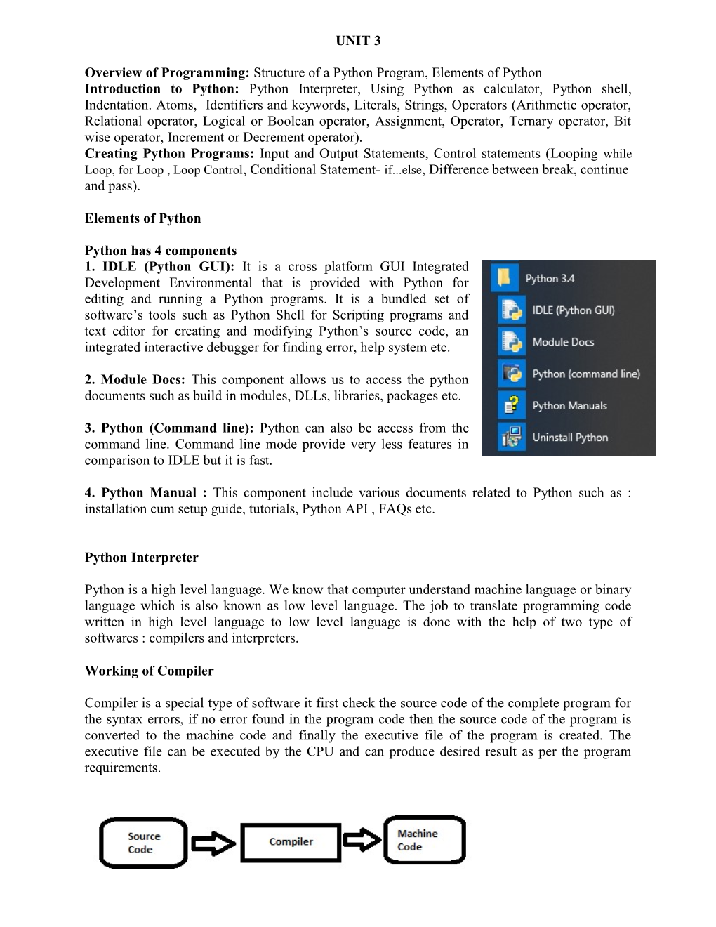 UNIT 3 Overview of Programming: Structure of a Python Program, Elements of Python Introduction to Python: Python Interpreter, Us