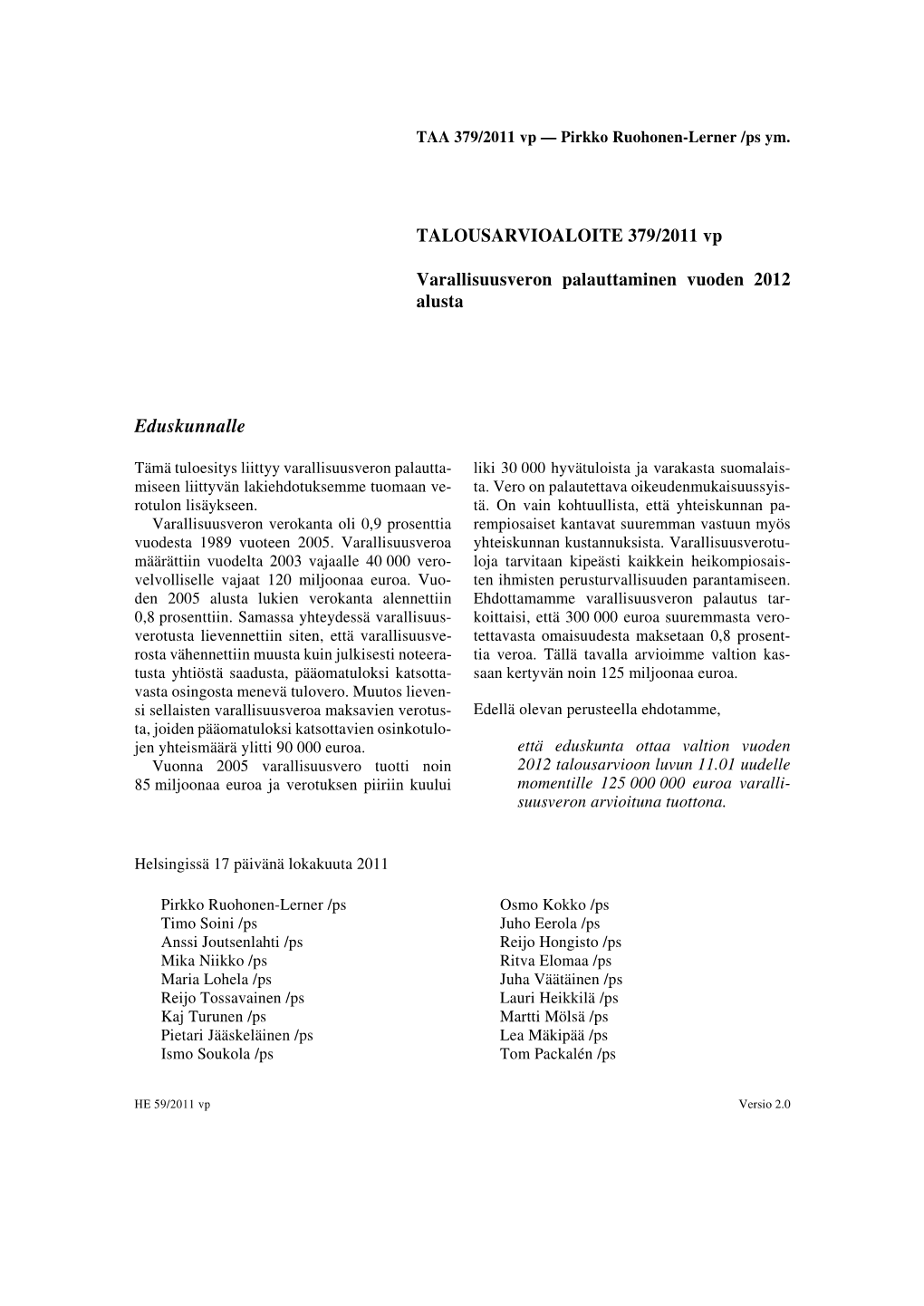 TALOUSARVIOALOITE 379/2011 Vp Varallisuusveron Palauttaminen