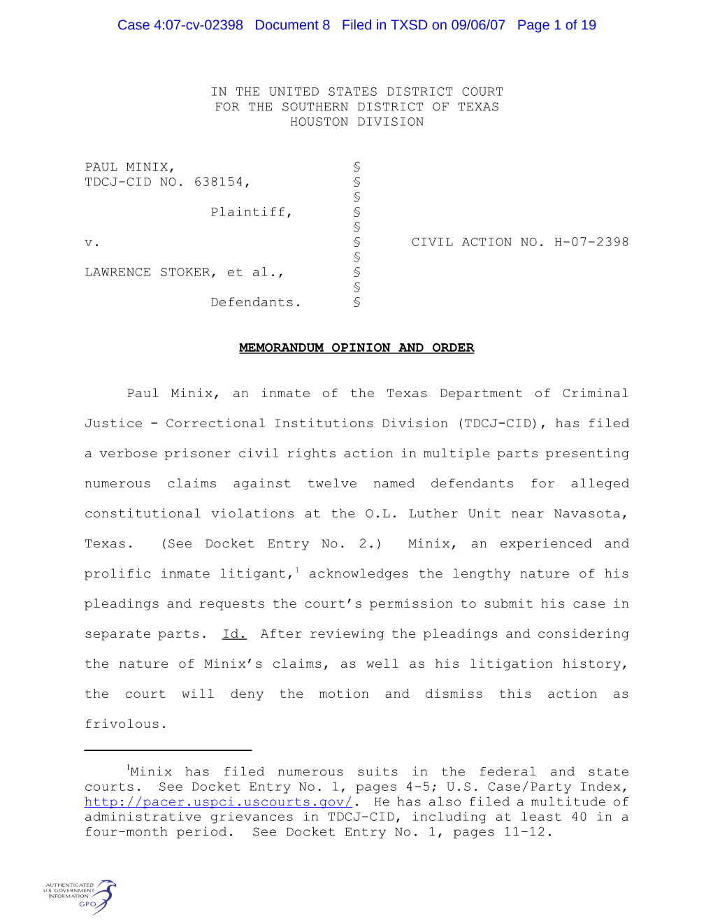 Case 4:07-Cv-02398 Document 8 Filed in TXSD on 09/06/07 Page 1 of 19