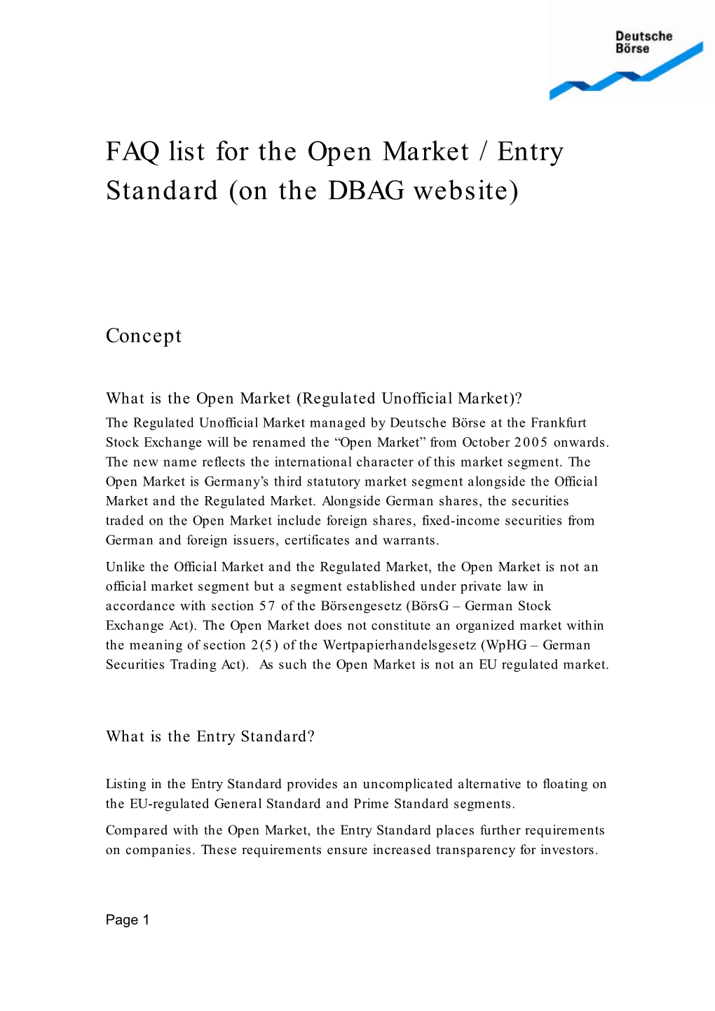 FAQ List for the Open Market / Entry Standard (On the DBAG Website)