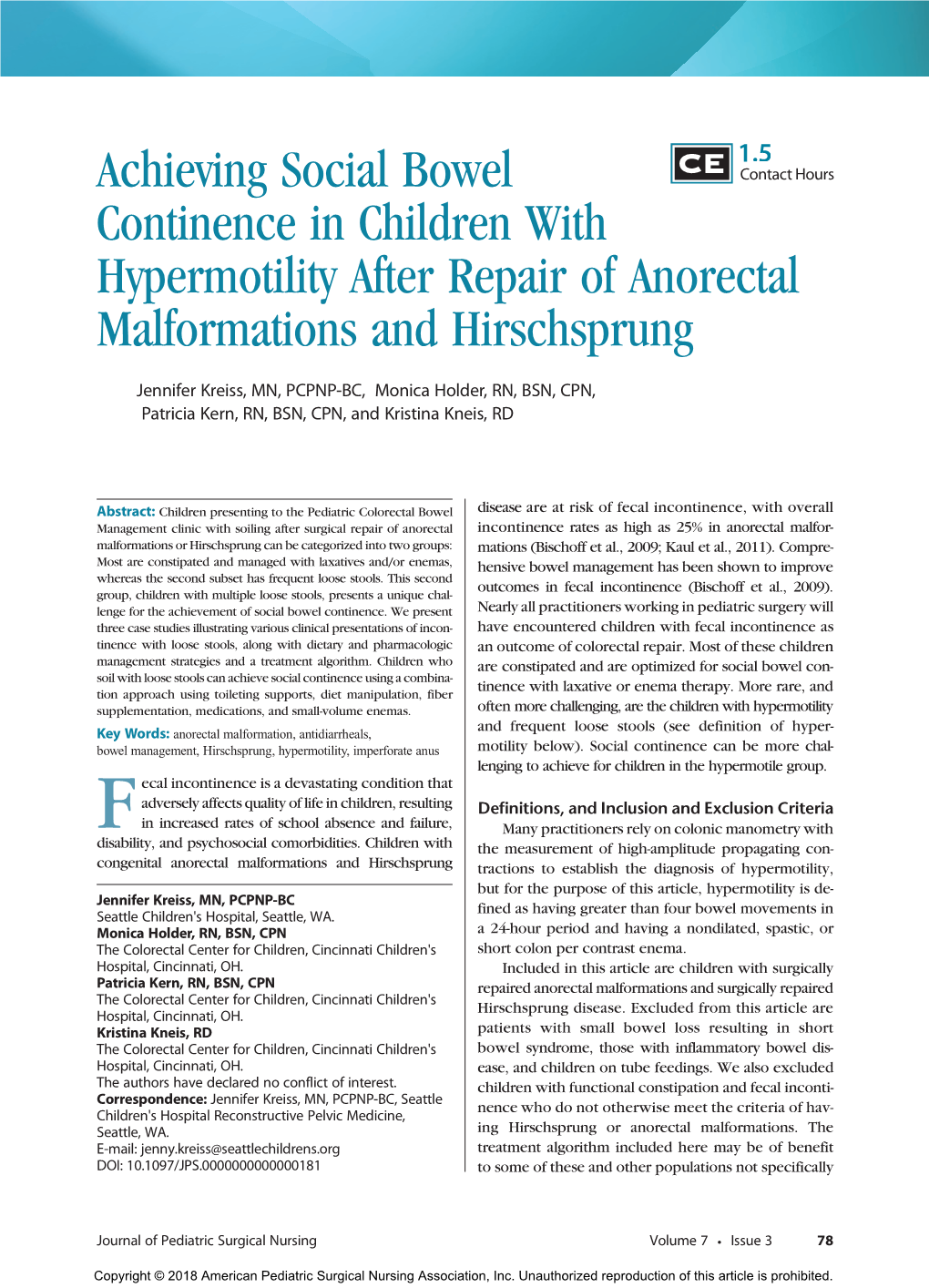 Achieving Social Bowel Continence in Children with Hypermotility After