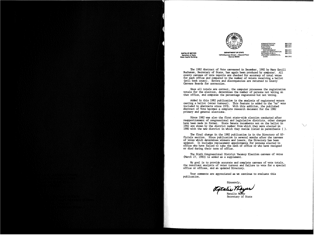 The 1982 Abstract of Vote Canvassed in December, 1982 by Mary Estill Buchanan, Secretary of State, Has Again Been Produced by CCI!Puter