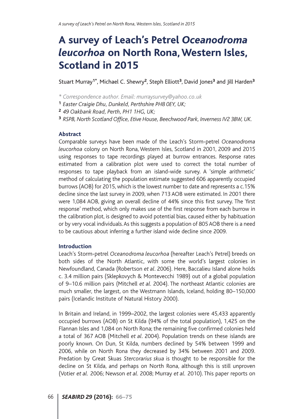 A Survey of Leach's Petrel Oceanodroma Leucorhoa on North Rona, Western Isles, Scotland in 2015