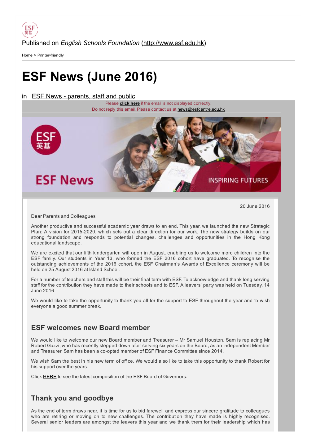 ESF News (June 2016) in ESF News ­ Parents, Staff and Public Please Click Here If the Email Is Not Displayed Correctly