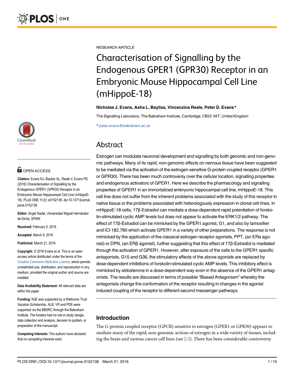 Characterisation of Signalling by the Endogenous GPER1 (GPR30) Receptor in an Embryonic Mouse Hippocampal Cell Line (Mhippoe-18)