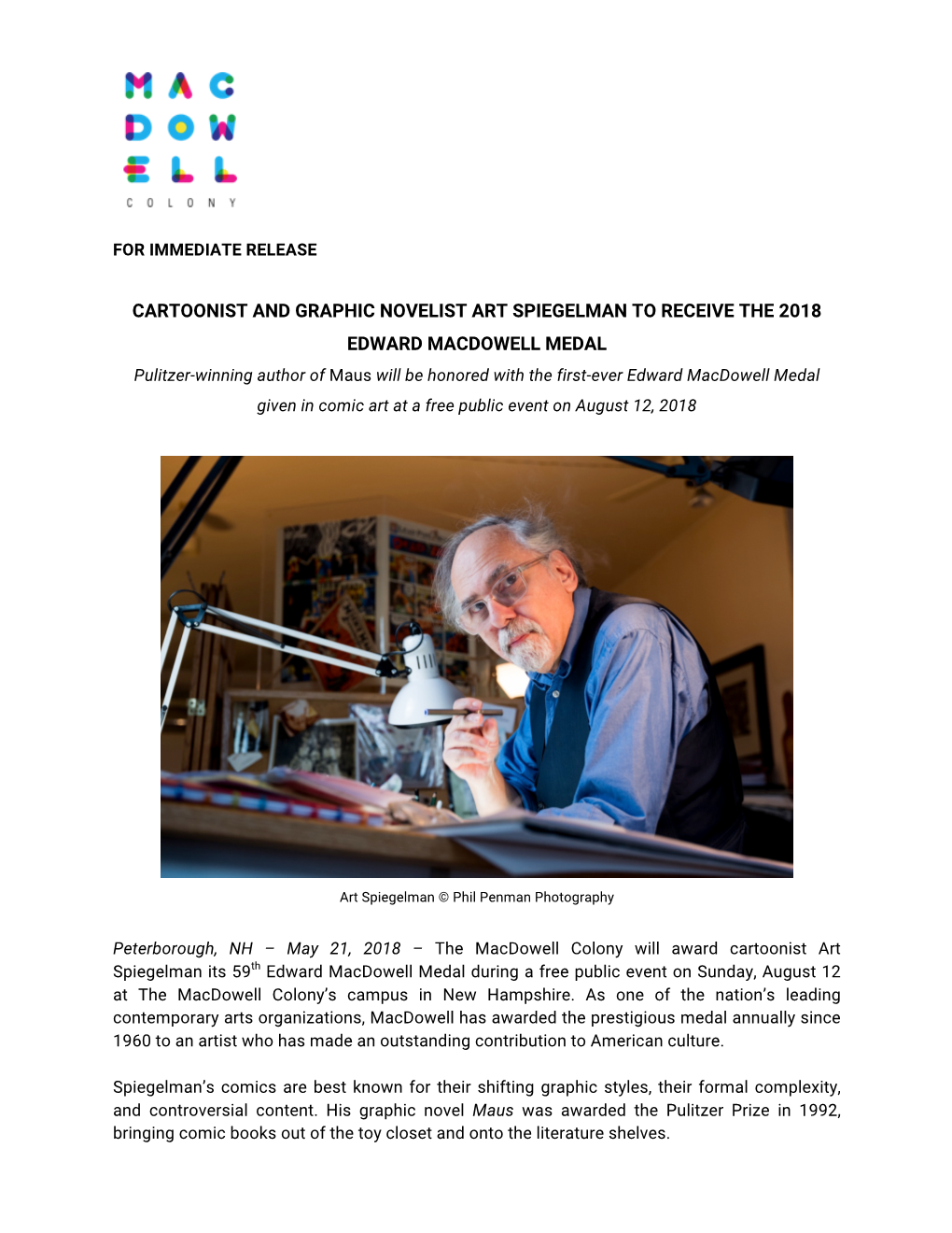 Cartoonist and Graphic Novelist Art Spiegelman to Receive the 2018 Edward Macdowell Medal