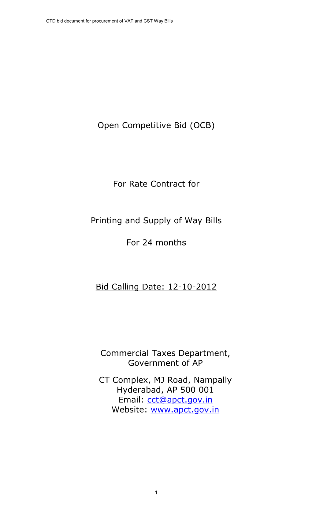 CTD Bid Document for Procurement of VAT and CST Way Bills