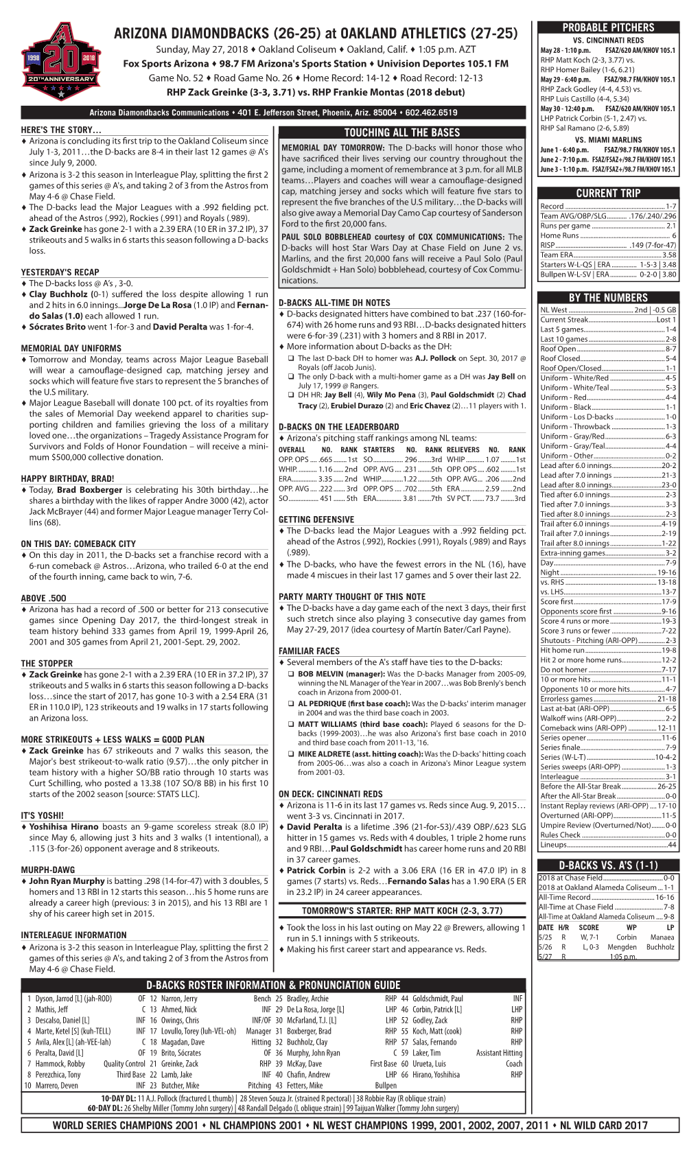 05-27-2018 Arizona Game Notes