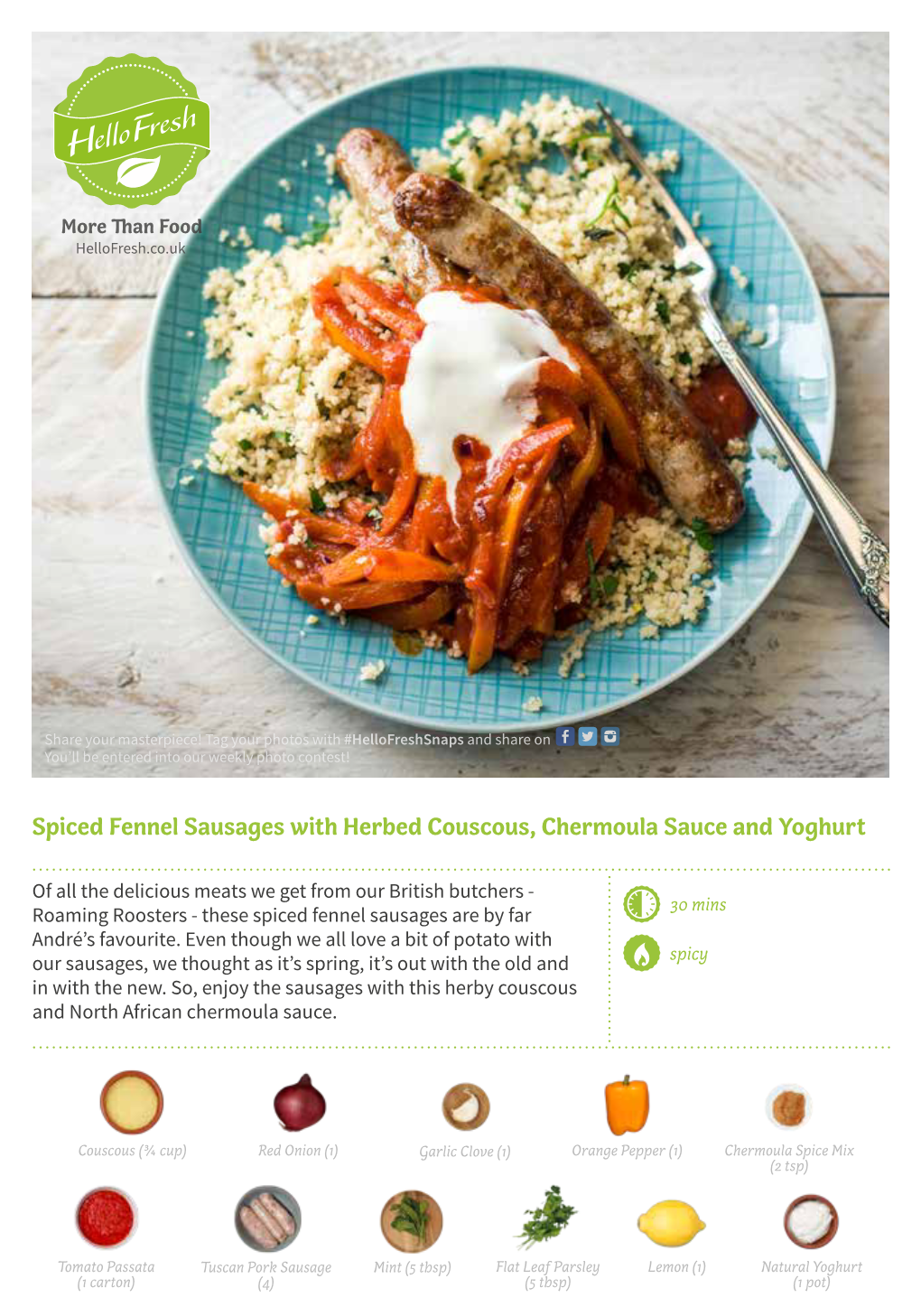 Spiced Fennel Sausages with Herbed Couscous, Chermoula Sauce and Yoghurt