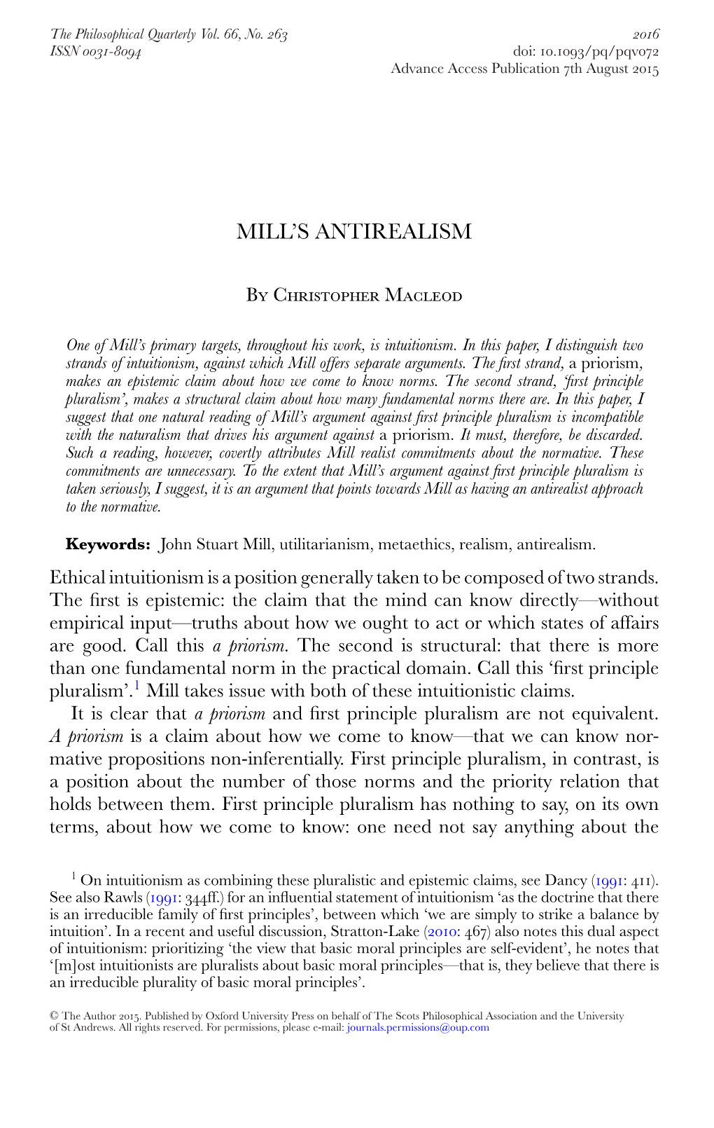 Mill's Antirealism