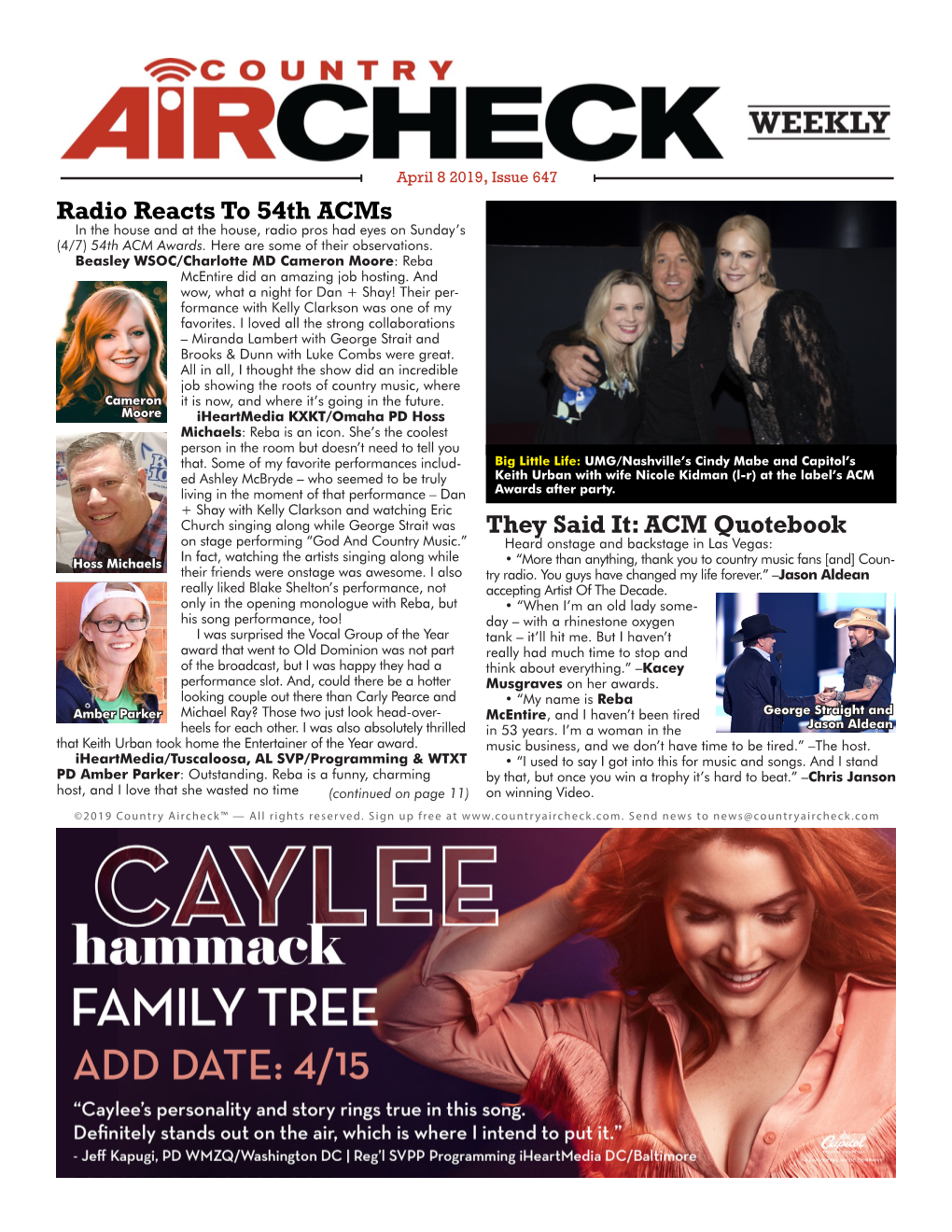 Issue 647 Radio Reacts to 54Th Acms in the House and at the House, Radio Pros Had Eyes on Sunday’S (4/7) 54Th ACM Awards