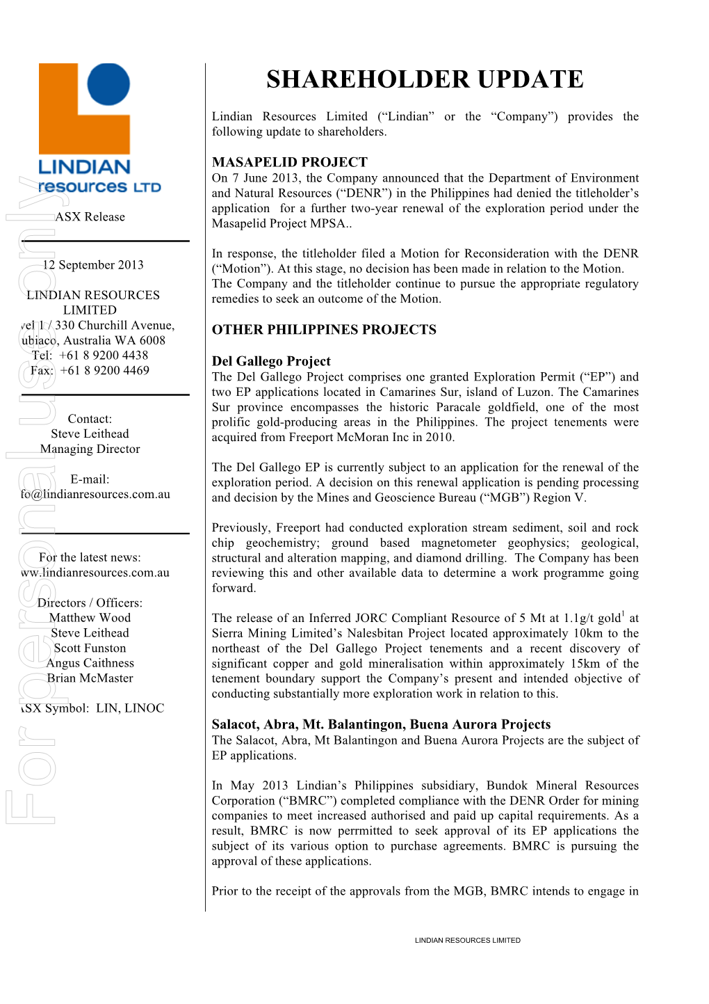 For Personal Use Only Use Personal for Result, BMRC Is Now Perrmitted to Seek Approval of Its EP Applications the Subject of Its Various Option to Purchase Agreements