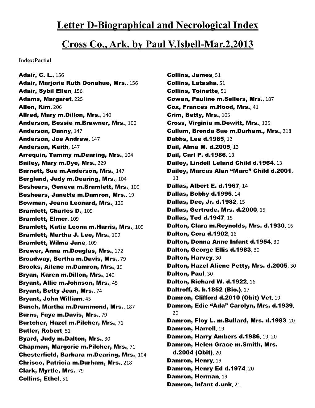 Letter D-Biographical and Necrological Index Cross Co., Ark