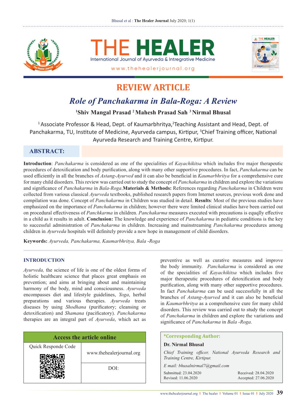 The Healer Journal July 2020; 1(1) the HEALER International Journal of Ayurveda & Intregrative Medicine